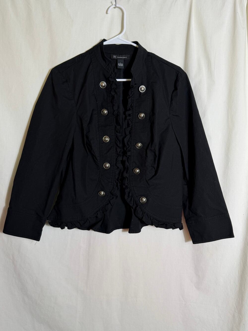 INC International Concepts Black Military Ruffle Jacket Women’s L Button Front